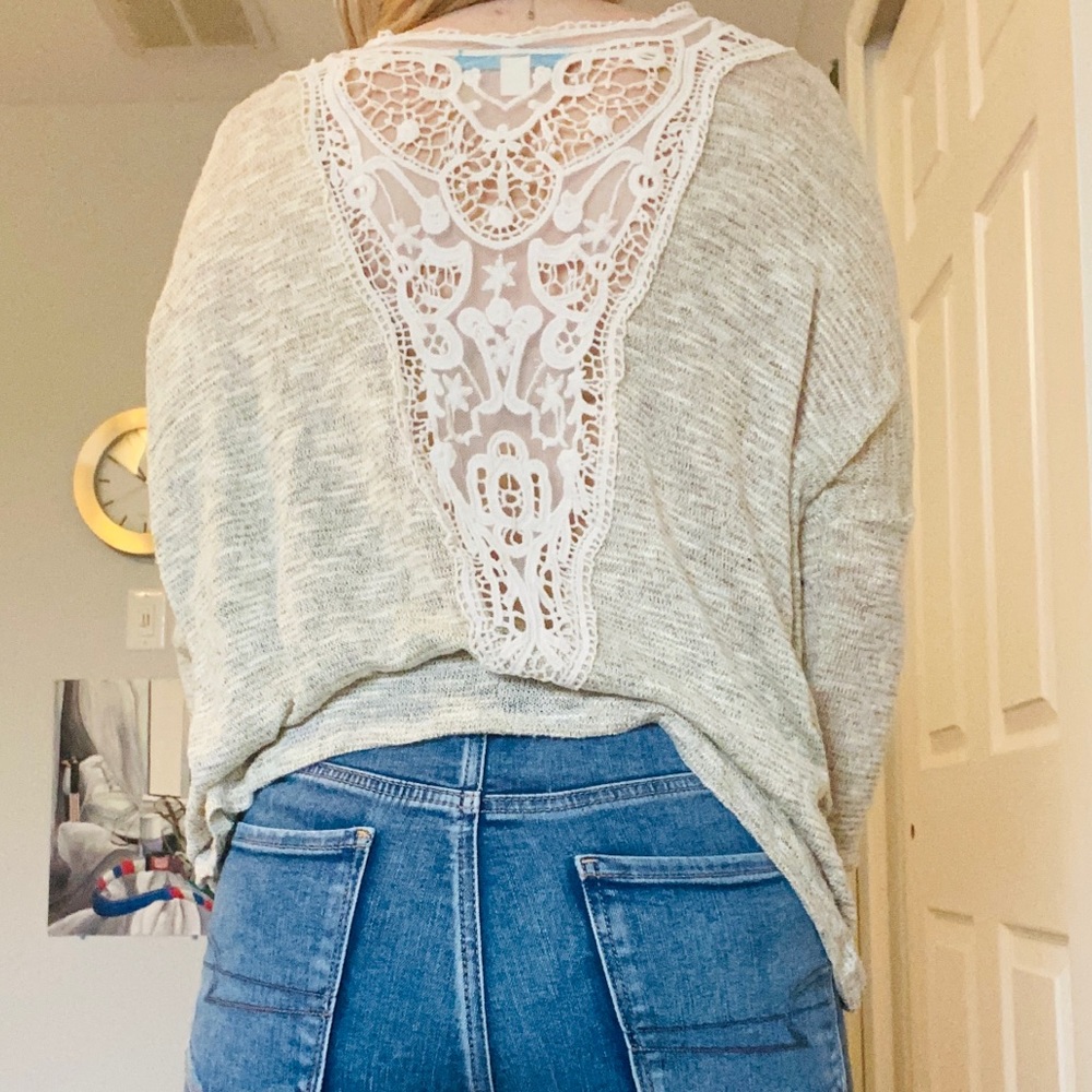 Button’s Francesca’s Light Gray Sweater with Cream Lace Back Detailing